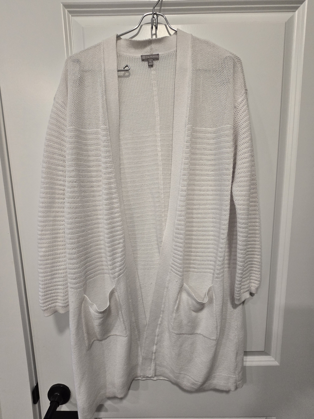 T by Talbots White Semi-Sheer Open Front Long Cardigan Duster with Pockets